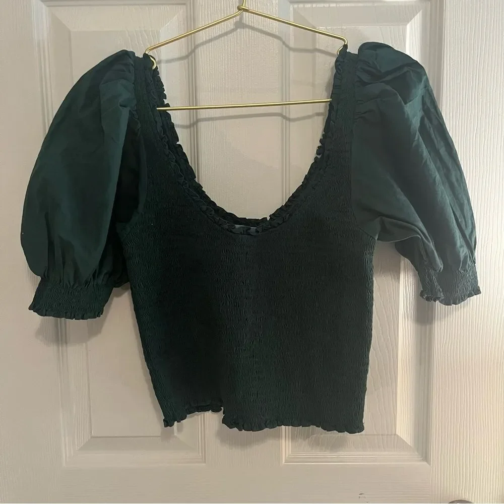 Hill House Dark Green Puff Sleeve Blouse NWOT